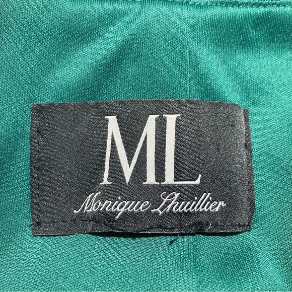 MONIQUE LHULLIER Sz 2 (estimated) Green Sheen Black Lace Top & Side Party Dress - Picture 10 of 11